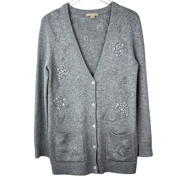 MICHAEL KORS 100% Cashmere Embroidered Knit Cardigan Sweater Gray MEDIUM